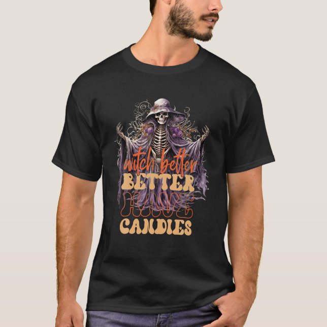 Camiseta Roupa de bruxa para garotas Funny Retro Skeleton T (Frente)