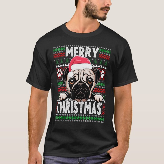Camiseta Roupa de Cama Cachorro Fofo Pug Natal 1 (Frente)
