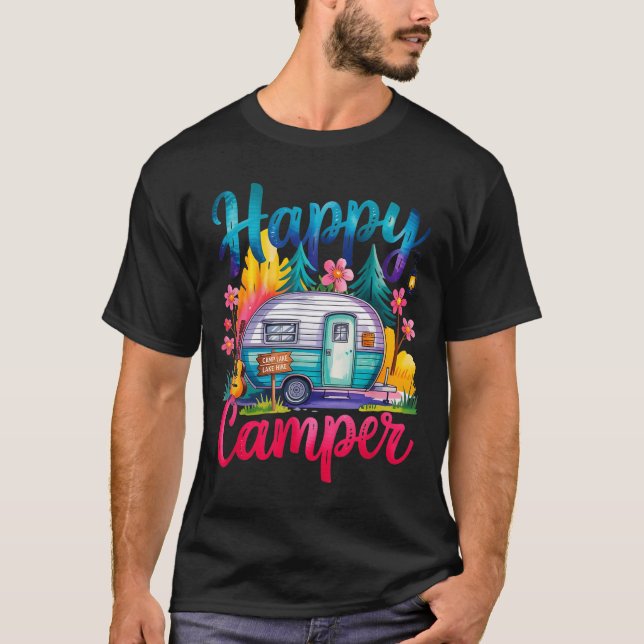 Camiseta Roupa de camping engraçada feliz barraca trailer r (Frente)
