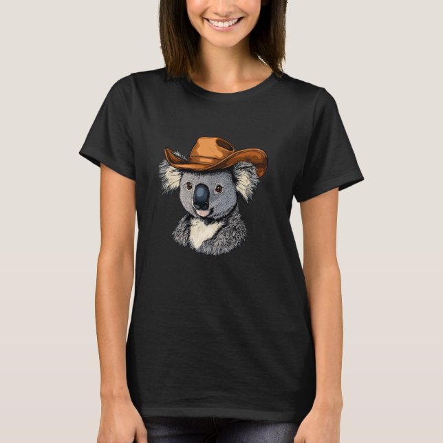 Camiseta Roupa de Cara de Coala com Chapéu de Cowboy Engraç (Frente)