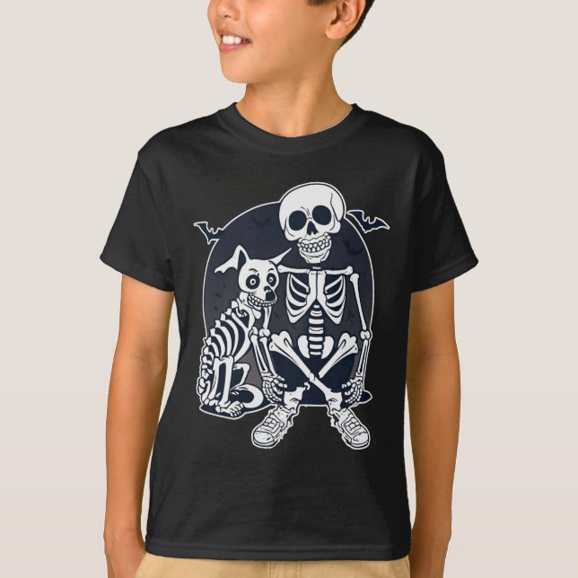 Camiseta Roupa de Esqueleto de Halloween de Cachorro Engraç (Frente)