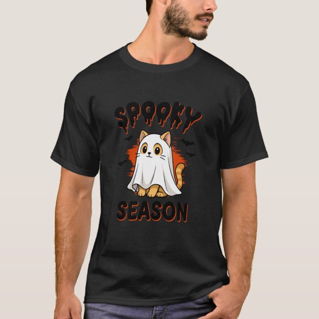 Camiseta Roupa de Fantasma de Gato Engraçado para a Tempora (Frente)