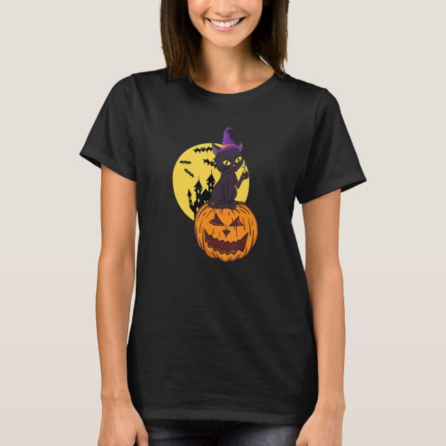 Camiseta Roupa Negra De Chapéu De Bruxa De Lua De Abóbora (Frente)