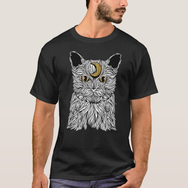Camiseta Roupas de Bruxa Lua Crescente Gato Místico Feitiça (Frente)