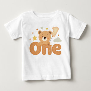 Camiseta Roupas de Criança Adoráveis com Urso e Estampa “UM