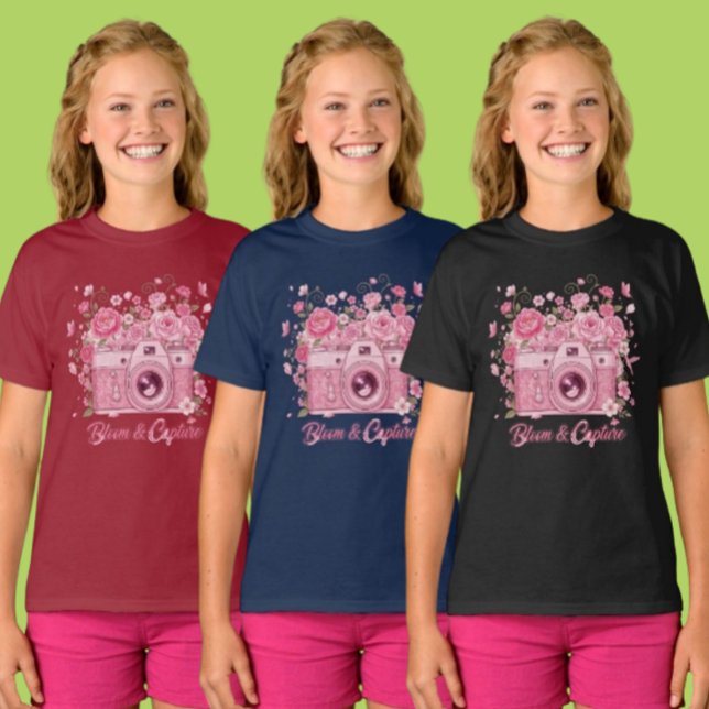 Camiseta Roupas de Meninas com Câmera Floral Rosa (Criador carregado)