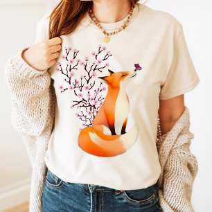 Camiseta Roupas de raposa rosa fofa flor de cerejeira 