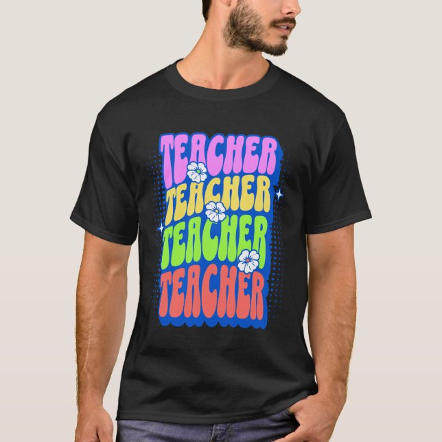 Camiseta Roupas Florais Groovy para Professores Arco-Íris R (Frente)