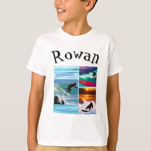 Camiseta Rowan Nome Com Chimpanzés Surfando, (Frente)