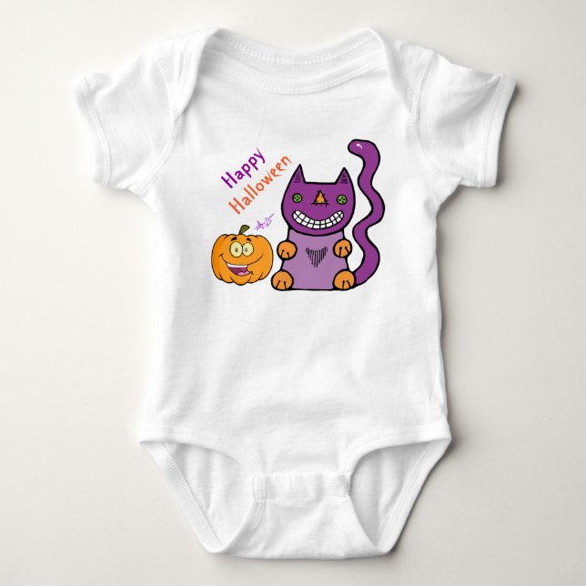 Camiseta Roxo Gato e Pumpkin Criança (Frente)