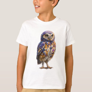 Camiseta Roxo Vibrante e Coruja Malhada Caprichosa Dourada 