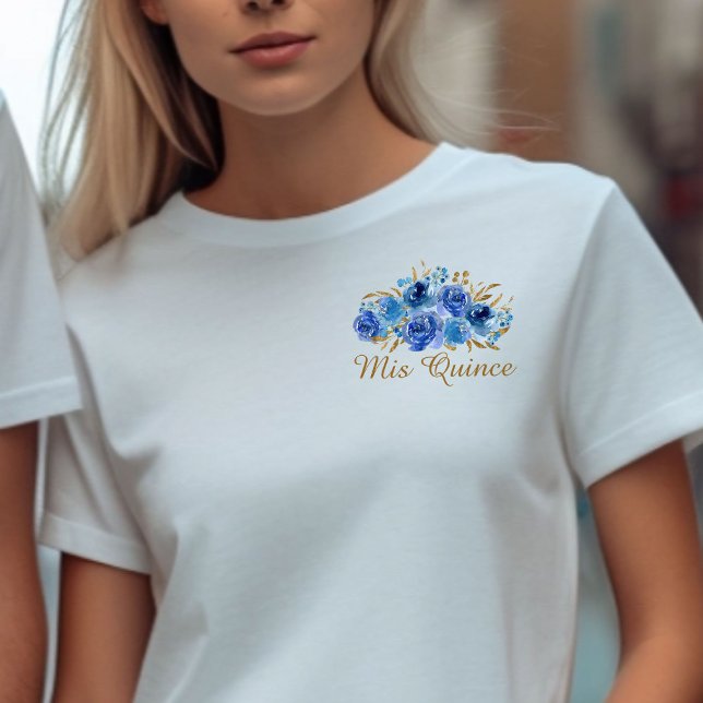 Camiseta Royal Blue Floral e Dourada Leaf Mis Quince (Mis Quince birthday tee from my Rose and Gold Leaf quinceanera collection)
