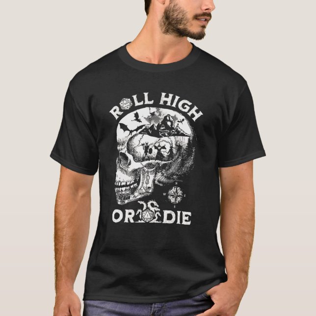Camiseta RPG D20 Rolo de Crânio Alto de Morte (Frente)