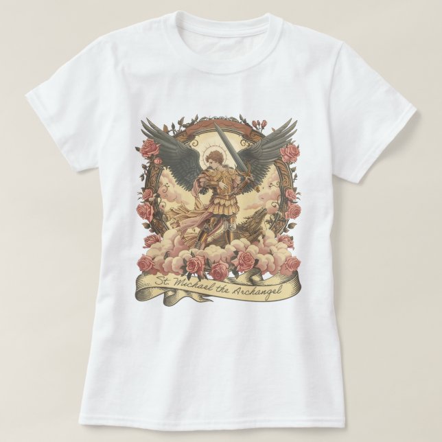 Camiseta Rua de Boho. Michael Archangel católico tradiciona (Frente do Design)