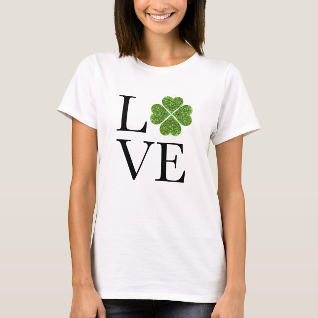 Camiseta Rua, dia de Patrick | Amor | shamrock com brilho v (Frente)