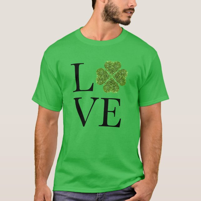 Camiseta Rua, dia de Patrick | Amor | shamrock com brilho v (Frente)
