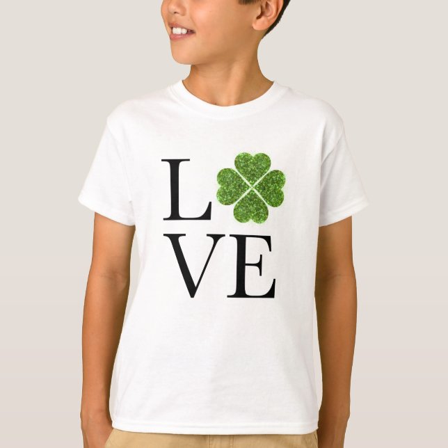 Camiseta Rua, dia de Patrick | Amor | shamrock com brilho v (Frente)