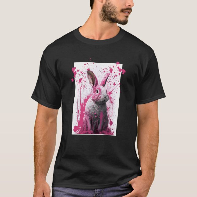 Camiseta Rua digital moderna de pintura com coelho rosa (Frente)