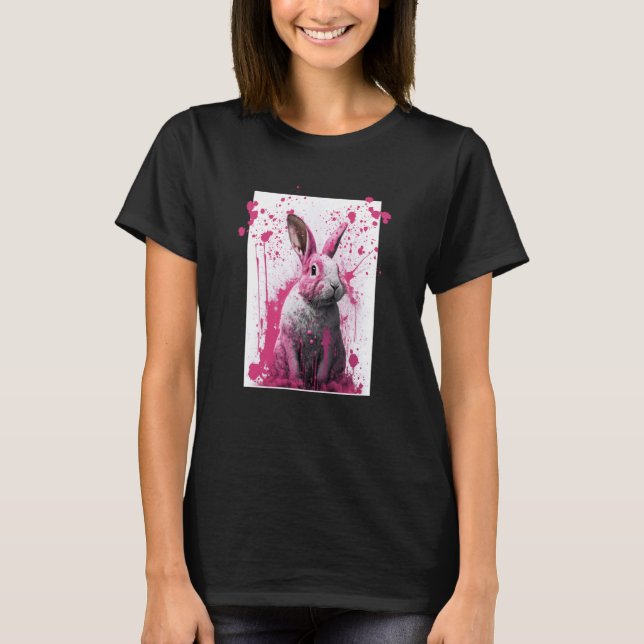 Camiseta Rua digital moderna de pintura com coelho rosa (Frente)
