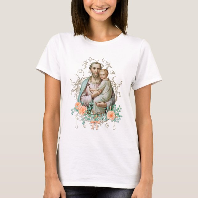 Camiseta Rua Elegante, Joseph Católico, floral religioso (Frente)