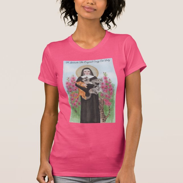 Camiseta Rua. Gertrude Cat Lady Watercolor Folart Rosa (Frente)