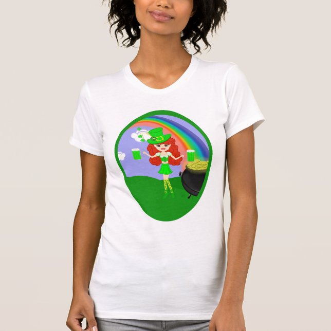 Camiseta Rua Pat's Day Redhead Girl Leprechaun com Rainbow (Frente)