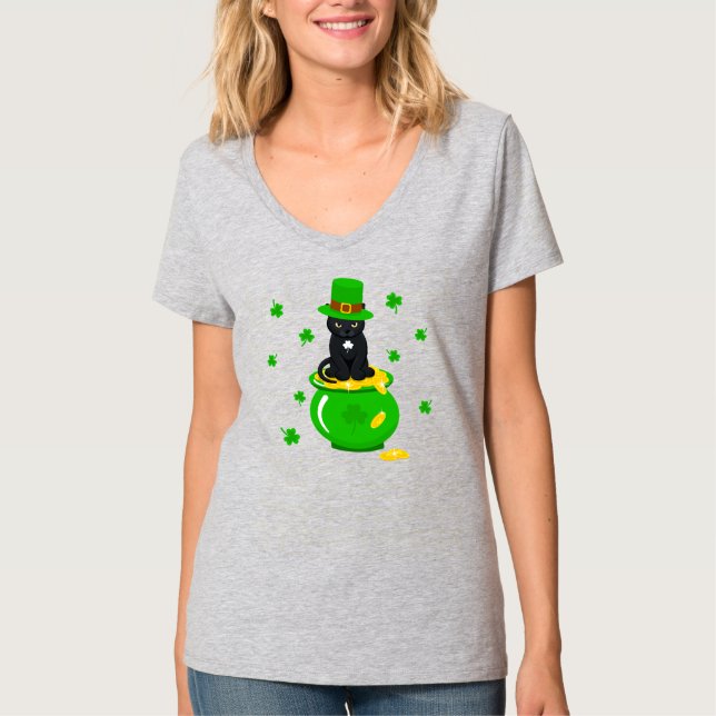 Camiseta Rua, Pote de Shamrock do Dia de Patrick de Gato Ne (Frente)