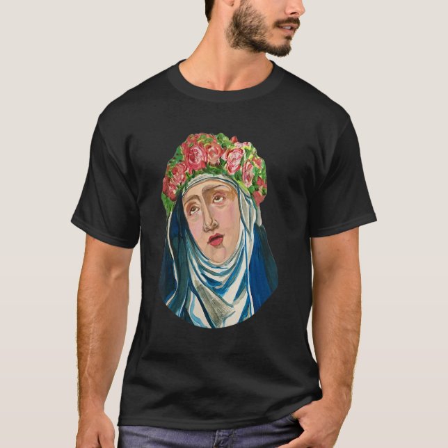 Camiseta Rua Rita de Cascia Orando Santo Patrão Católico Lo (Frente)