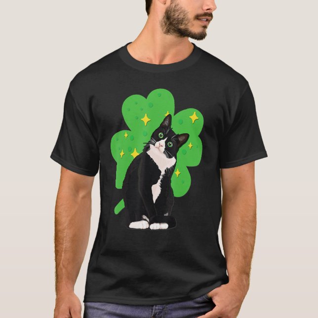 Camiseta Rua Santa Patrick Dia Tuxedo Cat Men Mulheres Cria (Frente)