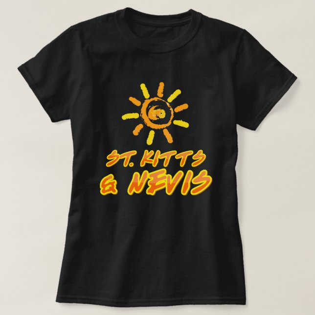 Camiseta Ruas. Kitts & Nevis amarelo brilhante e laranja (Frente do Design)