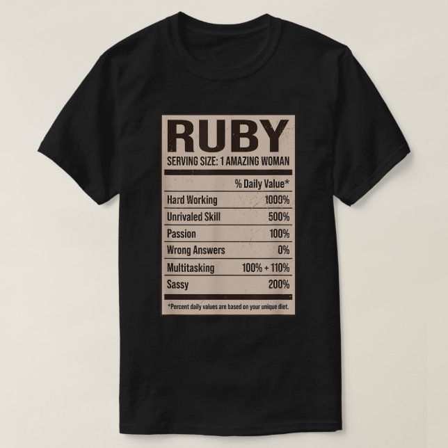 Camiseta Ruby Nutrição Fatos Nome Nome Apelido Alias Título (Frente do Design)