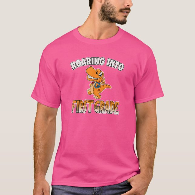 Camiseta Rugindo no Primeiro Ano Rex Dinossauro de Volta à  (Frente)
