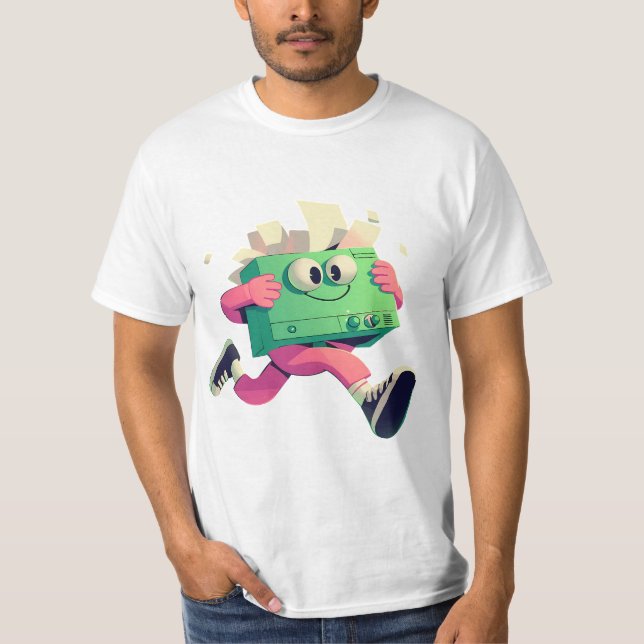 Camiseta Running Printer with Flying Papers – Tech Humor (Frente)