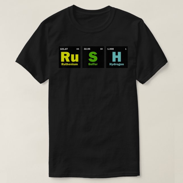 Camiseta Rush (RuSH) Elementos de Mesa Periódicos 2 (Frente do Design)