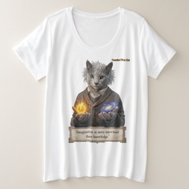 Camiseta Russian Blue Einstein Cat - Imagination (Frente do Design)