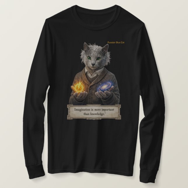 Camiseta Russian Blue Einstein Cat - Imagination (Frente do Design)