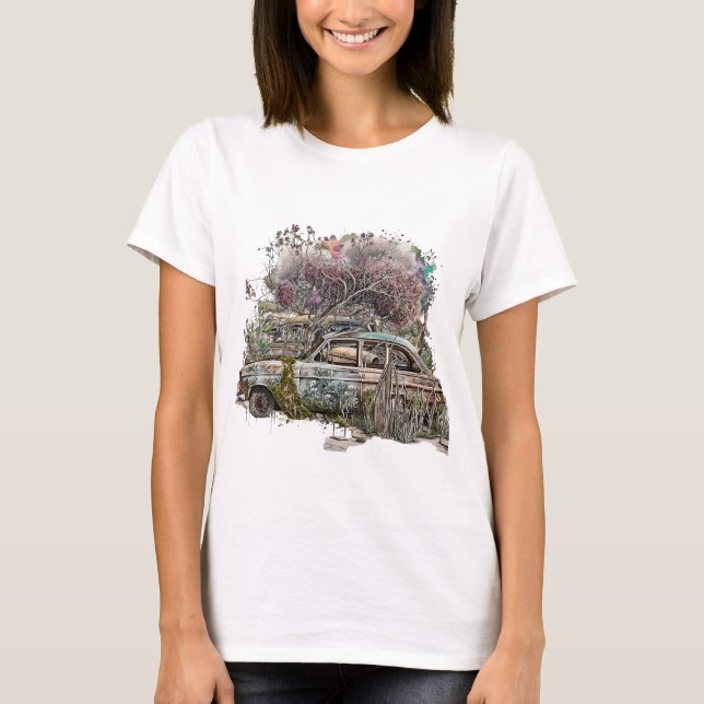 Camiseta Rust & Refletion: Carros vintage de Aquarela (Frente)