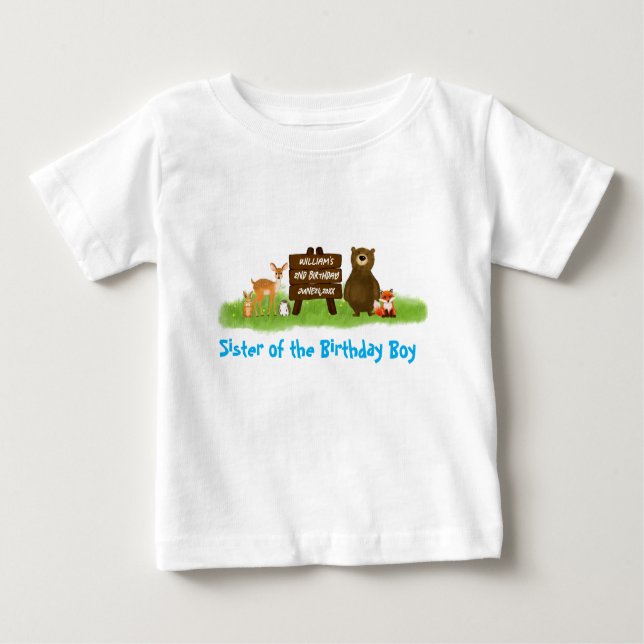 Camiseta Rustic Forest Birthday Party Animals Lil Sister (Frente)