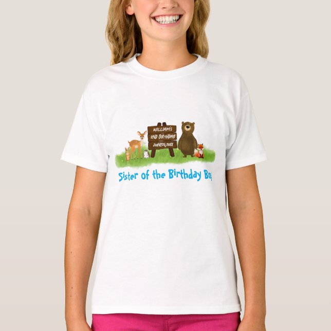 Camiseta Rustic Forest Birthday Party Animals Sister (Frente)