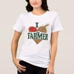 Camiseta Rustic "I Heart the Farmer" Agricultural Graphic<br><div class="desc">The heart itself is divided into three distinct sections: a textured red area on the left, a golden straw-like texture on the top right, and a brown grain or seed pattern making up the bottom half. A single wheat stalk extends diagonally from the center toward the upper right. The typography...</div>