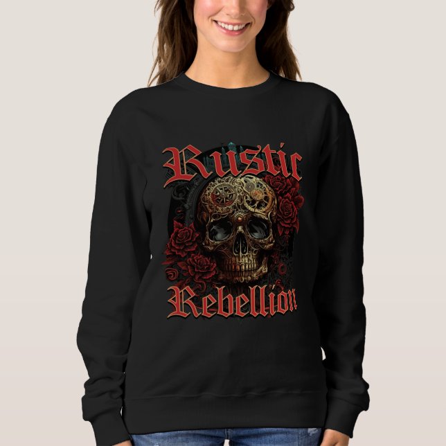 Camiseta Rustic Rebellion Steampunk Goth Skull Red Rosed Gr (Frente)