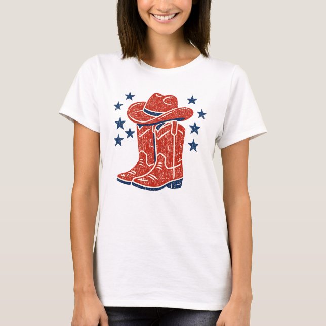 Camiseta Rustic Red Cowboy Boots and Blue Stars Western (Frente)