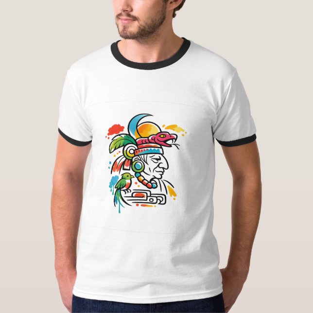 Camiseta Sacerdote Maia Vibrante com Cocar de Serpente (Frente)
