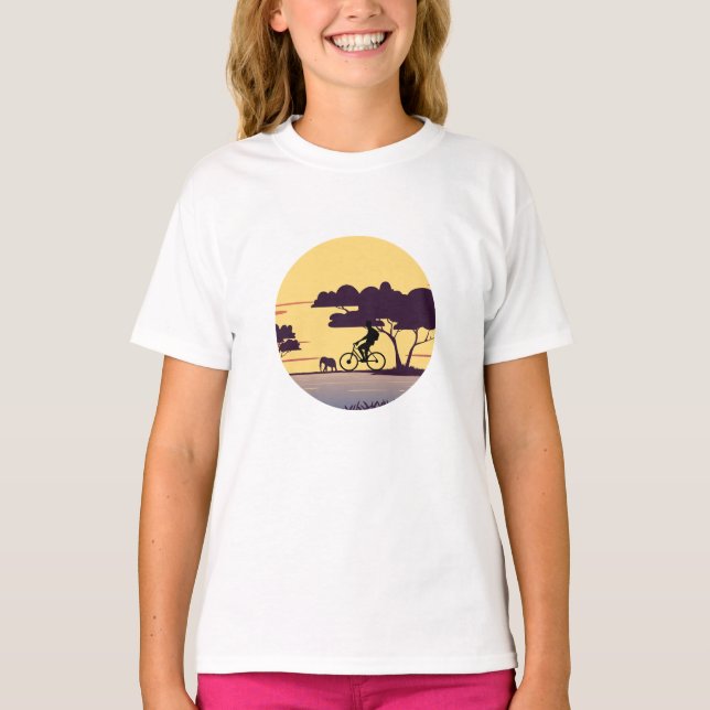 Camiseta Safari Bike Ride at Sunset - Ciclista e elefante (Frente)