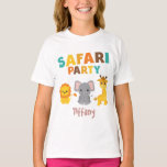 Camiseta Safari Birthday<br><div class="desc">Uma camiseta de safari de aniversário divertida, com "Safari Party", escrita em texto colorido, estilizado e exótico. Embaixo está uma girafa, elefante e leão. O nome da aniversariante está escrito em uma linda fonte rosa.
Gráficos por Design Prettygrafik (https://www.etsy.com/shop/Prettygrafikdesign)</div>