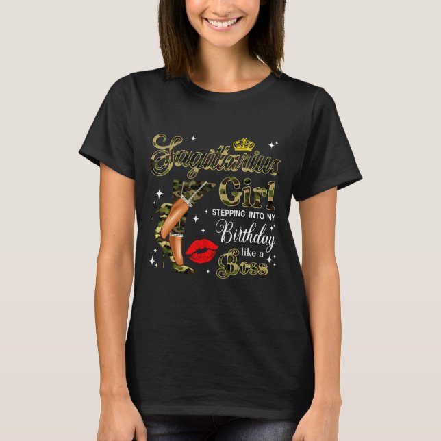 Camiseta Sagittarius Girl Camouflage Black Woman Camo Heels (Frente)