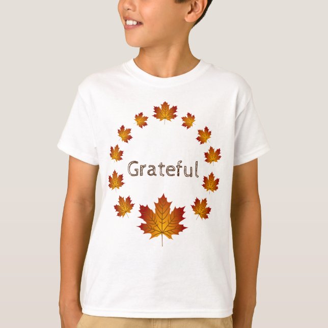 Camiseta Saída de Ação de Graças Folhas Simples Grateful Ma (Frente)