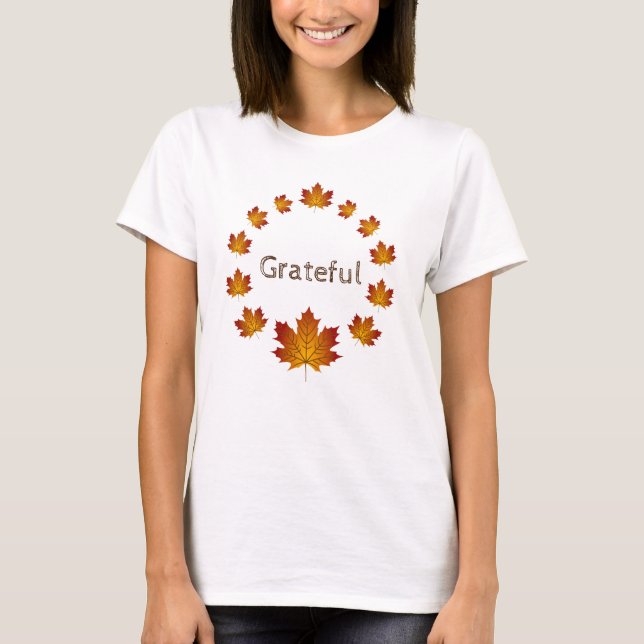 Camiseta Saída de Ação de Graças Folhas Simples Grateful Ma (Frente)