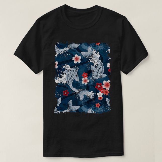 Camiseta Saída de sakura Koi floresce em azul (Frente do Design)