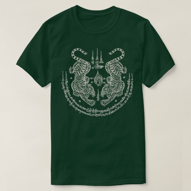 Camiseta Sak Yant Thai Tatot Twin Tiger Muay Thail Mágico (Frente do Design)